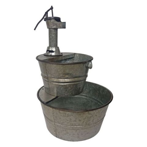 Two-Tier Galvanized Metal Barrel Fountain With Pump