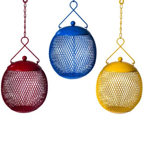 Set of 3 Round Mesh Squirrel Proof Bird Feeders In Red Blue & Yellow