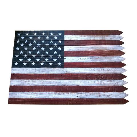 Wooden Outdoor American Flag Wall Sign With Picket Edge Design