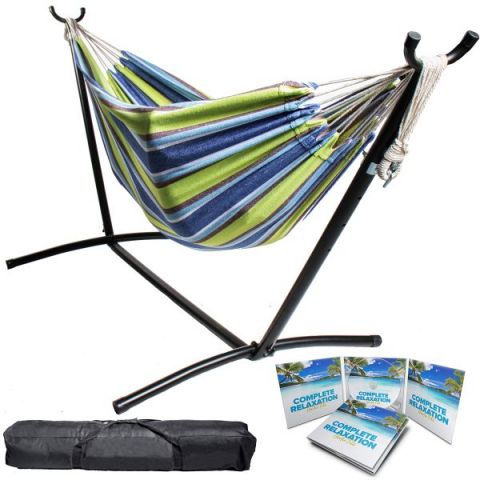 Portable Two Person Green & Blue Pattern Outdoor Hammock With Stand