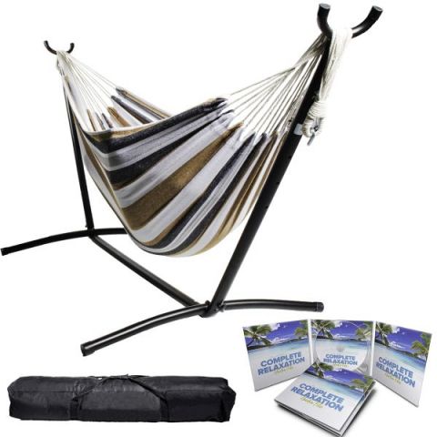 Portable Two Person Grey Tan & White Pattern Outdoor Hammock With Stand